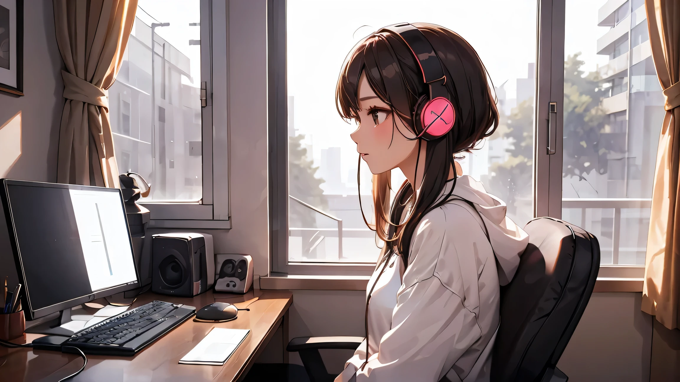 Optimal，masterpiece，High resolution，Highest quality，A warm room。A beautiful woman looking out the window。Put on headphones。It&#39;s night outside。Clothes are hoodies