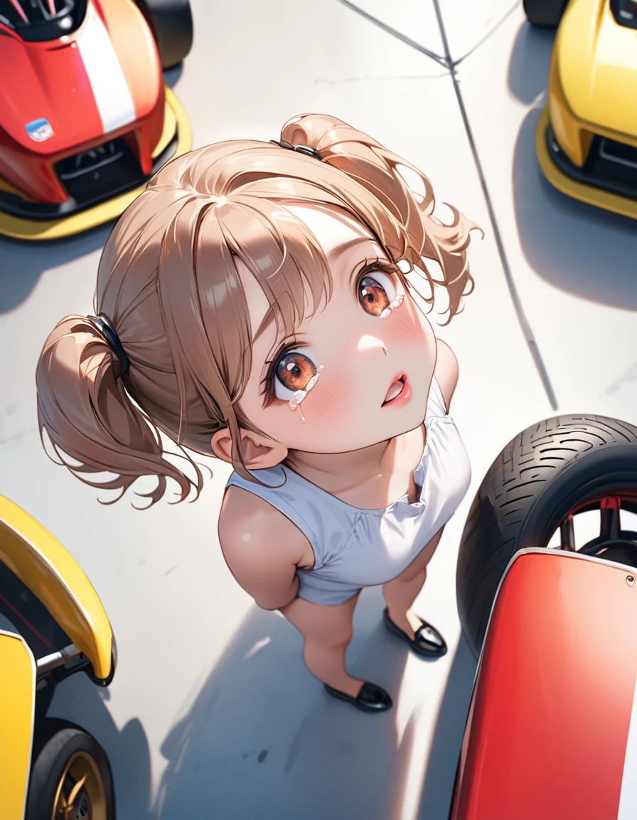 Highest quality, masterpiece, Ultra-high resolution, Realistic:1.2, RAW Photos, Intricate details, Portraiture, Big beautiful brown eyes:1.2, Perfect contours, Perfect proportions:1.2, One Girl, break ((full body:1.2, from above:1.2, ((side shot:1.5)), looking up:1.2)), ((ite, short, tinrl:1.2)), Light Brown Hair、((twintails:1.2)), (makeup:1.2, full lips:1.3, pink lips:1.3, shiny lips:1.3), (Sitting in a go-kart:1.2、beginner), (Take the wheel:1.2), (A cute and elegant sleeveless dress:1.2, Classy cute shoes:1.2), break (Flustered expression:1.2、I'm shouting something)、((I have tears in my eyes:1.2))、 (The background is a go-kart、circuit、Several go-karts)