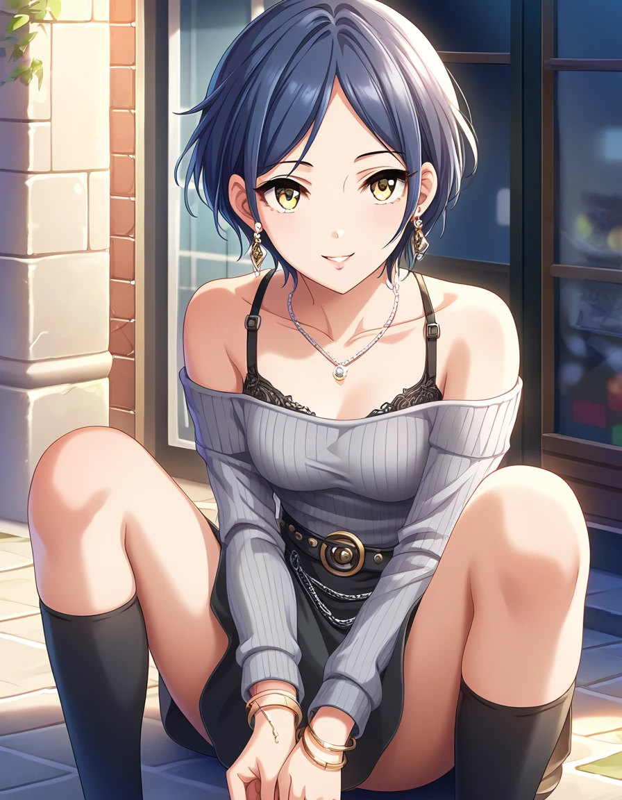 score_9, score_8_superior, score_7_superior, sauce_anime,
One person, Beautiful woman, alone, Fob, Date, View your viewers, smile,   Outdoor, street, building, boutique, Display Window, Day, blue sky, Day光, 
 Hymns, short hair, Blue Hair, Parted bangs, Medium chest, Yellow Eyes,Spread your legs wide，Showing off your crotch,Black lingerie
Lipstick, Detailed eyes, eyelash, eyeliner, jewelry, necklace, bracelet, Earrings, 
mini skirt,
Sweater dress, Off the shoulderセーター, Grey sweater, Exposing shoulders, Off the shoulder,  Long sleeve, Sleeves are longer than the wrist, belt, Black knee socks, zettai ryouiki,