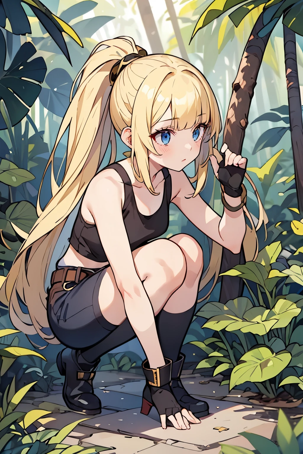 masterpiece, solo girl, (young female body:1.4), (medium small breasts), flustered, yellow golden hair, extra gold long hair, thick wavy hair, hime cut, blunt bangs, crystal blue eyes, light blue detailed eyes, jungle background, jungle trees and bushes, survival outfit, cropped tank top, white tight tank top, sleevesless, boy shorts, black shorts, belt, tigh high socks, ponytail, jungle explorer, fingerless gloves, kneeling down, squat, hiding in a bush, black boots, leaning forward
