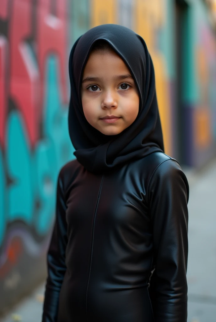 A girl wearing hijab . Innocent face. Long leg. Wearing full body black latex suit. High quality. High resolution