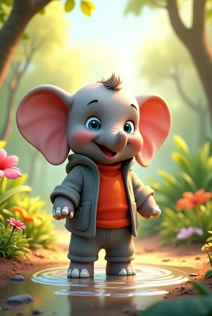 animated baby elephant wearing a grey jacket and red shirt, gray pants and white shoes