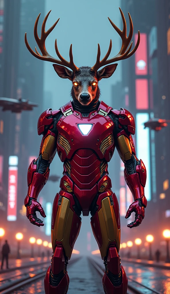 Image d'action, realistic digital image, a grumpy anthropomorphic Iron Man deer, armure, uhd, 8k, crazy details,