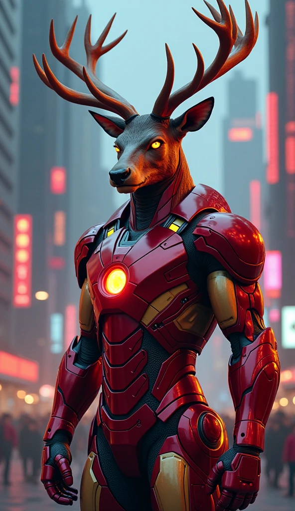 Image d'action, realistic digital image, a grumpy anthropomorphic Iron Man deer, armure, uhd, 8k, crazy details,