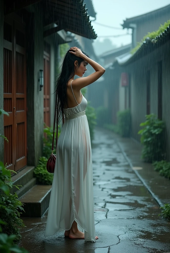 ((bust: 1.4))((8k wallpaper)) (( top quality. Realism. masterpiece. High resolution))A torrential downpour from the summer afternoon sky..A beautiful Asian girl in a white dress stood beside the old street.She took shelter under a roof without an awning.The rain was too heavy.She could only raise her bag to shield her head.But her long black hair was still soaked.Water droplets trickled down her hair.And the girl's upper body was almost completely soaked in the rain.The wet clothes clung to her graceful body.Her curvy figure was subtly revealed.