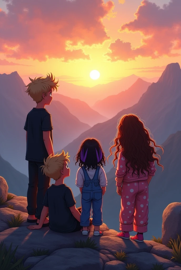 Four young people on a mountain watching the sunrise, a tall blond wavy-haired boy in black clothes lying on the ground,a shorter girl with black wavy hair with purple streaks in a denim jumpsuit looking at the sun, a shorter girl with long curly dark brown hair in old clothes looking at the sun and a medium-sized girl standing in front looking at the sun with wavy orange-brown hair blowing in the wind in pajamas