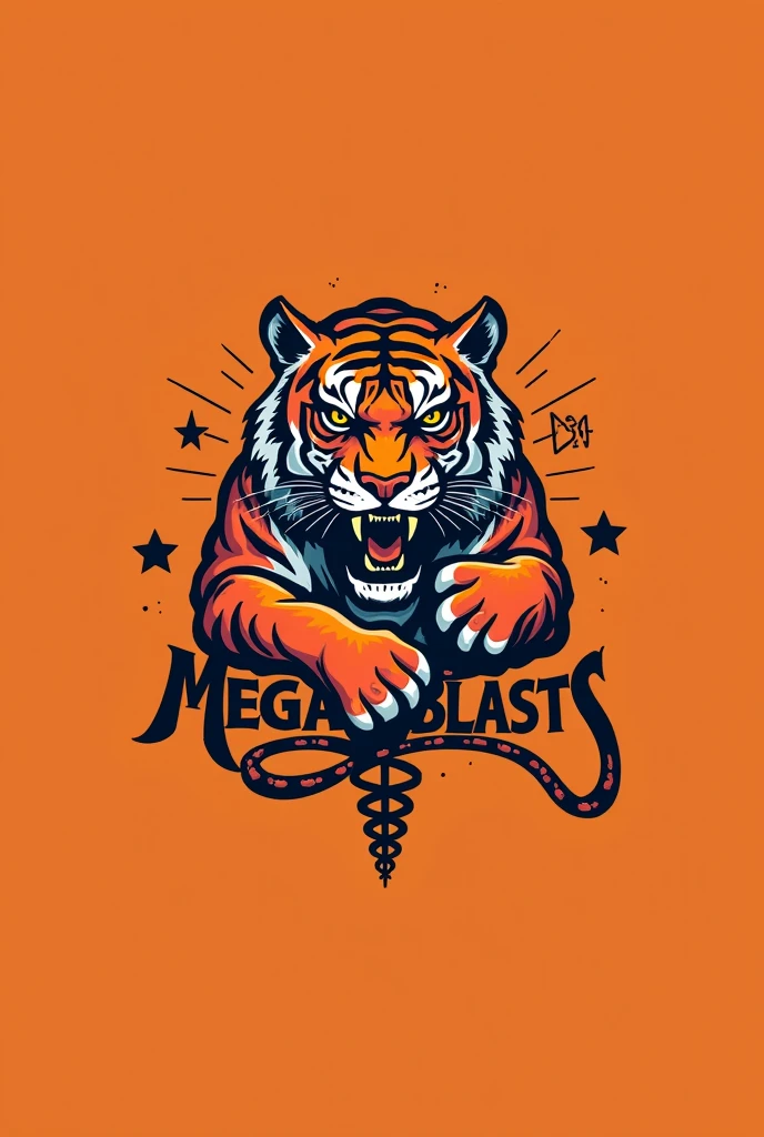 A tiger logo with the name megaloblasts , It has to be a logo related to medicine , Also add the medicine logo, with an orange background