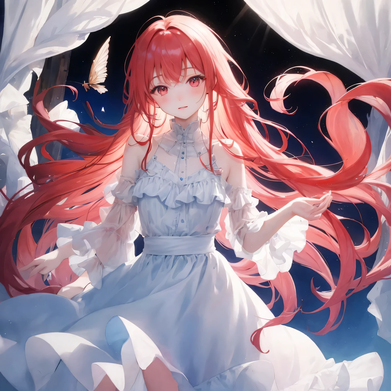 Detailed long pale red hair, a mysterious pale red dress, masterpiece, Detailed beautiful pink eyes, Detailed beautiful face, Fantastic watercolor painting, Beautiful profile, Detailed digital art, beautiful, beautiful women, Beautiful watercolor portrait, Detailed portrait, fantastical snowy landscape, An infinitely delicate,