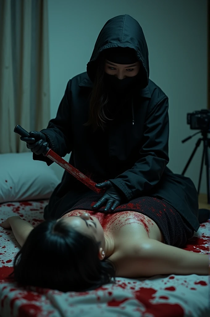 korean girl, (behind corpse, holding knife), black balaclava mask, black gloves, room full of blood, black raincoat, holding knife, black gloves, woman on top, lesbian, behind corpse, blood splatter, bed room, night, mass murderer, plump girl, killer, blood splatter, dark atmosphere, cinematic lighting, atmospheric realistic, close-up, tripod and camera in the back, shooting with camera