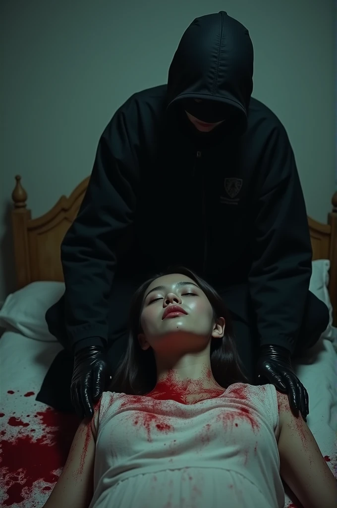 korean girl, (behind corpse, holding knife), black balaclava mask, black gloves, room full of blood, black raincoat, holding knife, black gloves, woman on top, lesbian, behind corpse, blood splatter, bed room, night, mass murderer, plump girl, killer, blood splatter, dark atmosphere, cinematic lighting, atmospheric realistic, close-up, tripod and camera in the back, shooting with camera