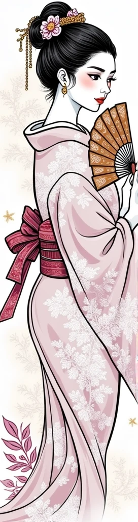 a close up of a drawing of a woman with a fan, classy yukata clothing, logo art, long dress female, tattoo stencil, brown and magenta color scheme, white elegant baroque design, image on the store website, feminine proportions, white and red color scheme, beautiful female neuromancer, kami