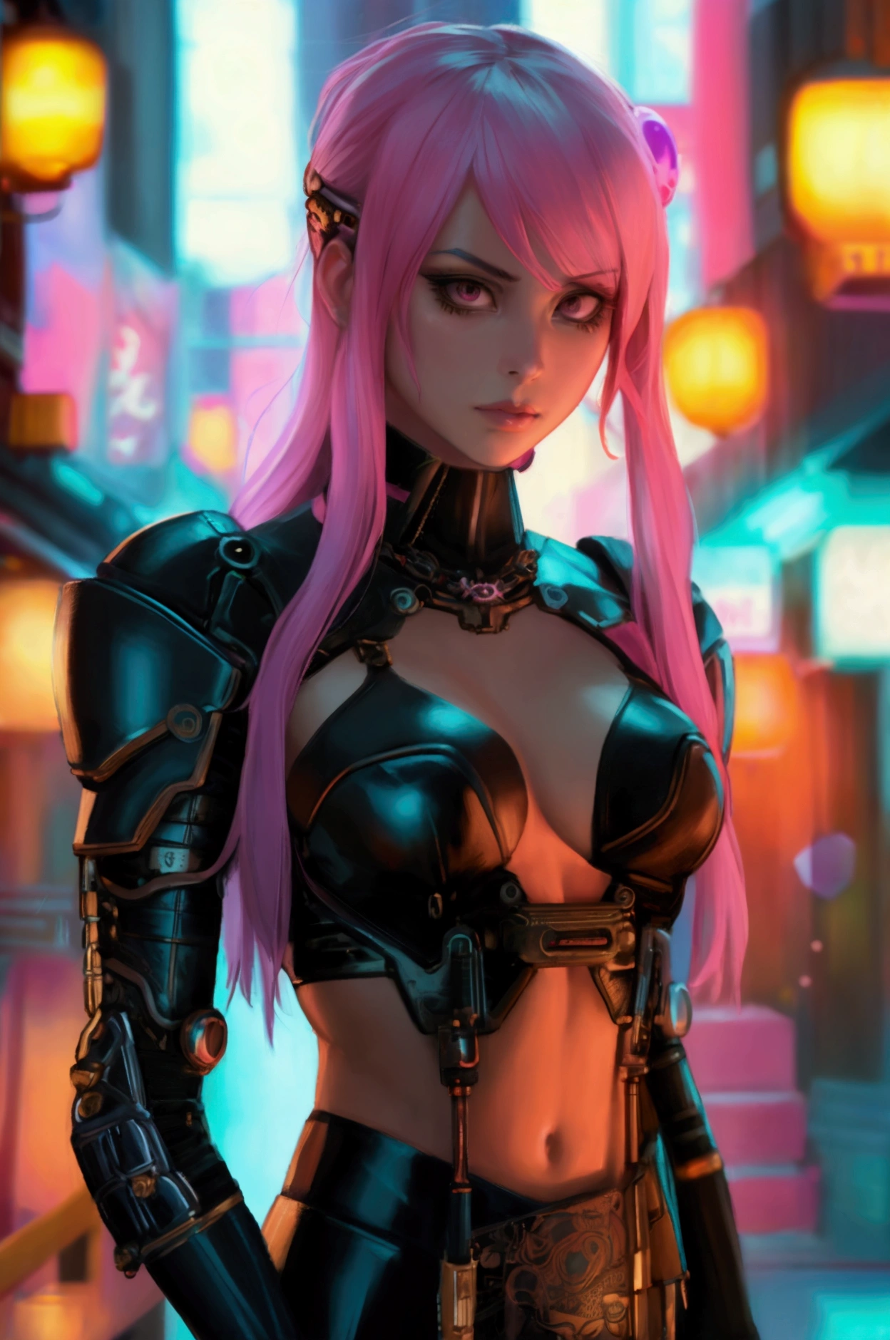a futuristic female warrior holding a katana, (finely detailed skin), pale skin, (in a deep neckline highly detailed sexy futuristic cyberpunk black crop top and underpants made of circuit boards, japanese words with a flare effect, beautiful epic composition, futuristic, masterpiece, appealing, posing for a photo, attractive female superhero, long pink hair, leather and floral steampunk and floral outfit, rainy city setting, dusk lighting, cinematic, realistic, detailed, photograph
