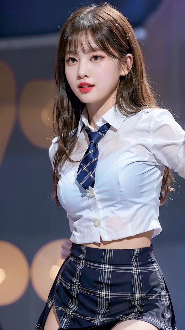 (8k), (Highest quality: 1.2), (Realistic), (Realistic: 1.47), Ultra-high resolution, 1 person, cute, smile, Mouth closed, (Thick lips:1.2),Red lips,(Purse your mouth),Beautiful details, Beautiful Nose,(Straight, shiny, white blonde hair),Stand on the concert stage,Holding a microphone in the right hand,Bend your elbows and raise your hands,(University uniform,A simple navy blue blazer,White satin shirt,tie,Tartan Check Pleated Skirt,Opaque tights:1.2),(Wet thighs close up:1.2),(knees),(Ultra low angle:1.2),(Medium Shot),
