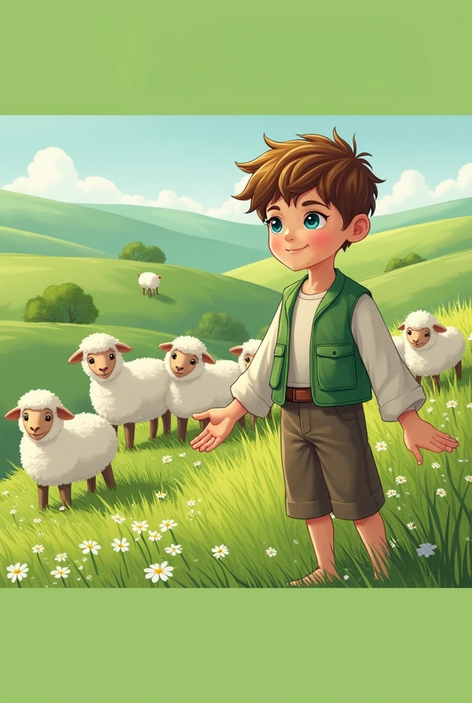 a young shepherd boy who enjoys looking after sheep, use easy words and keep the story short, under 1,000 letters. And let the story to teach a good lesson.