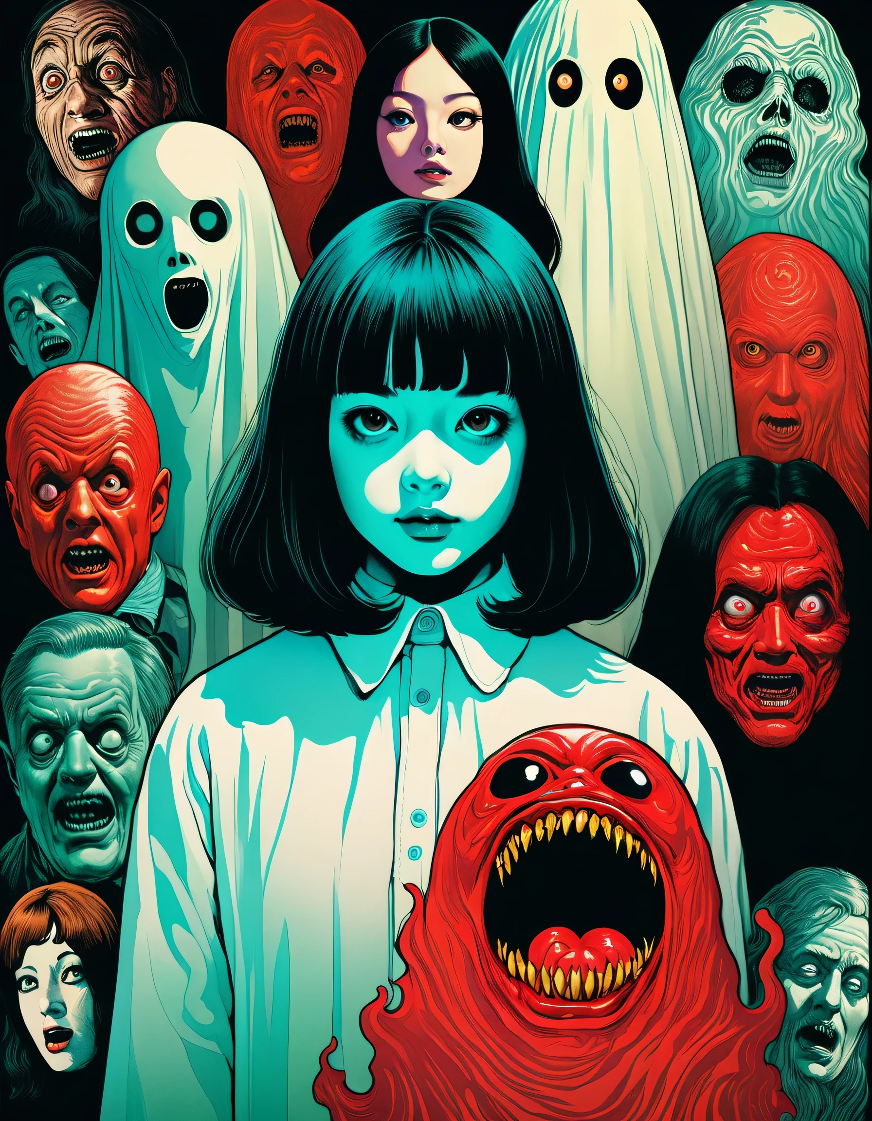 illustration、art、70s horror movie posters, Supervised by Junji Ito、Highly detailed, realistic shadows、analog style, Chromatic aberration, Surrealism,Optional gradient,person,ghost,devil