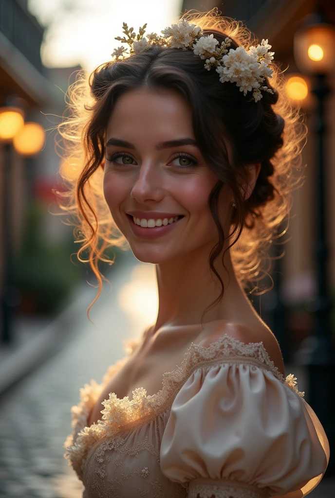 (Close-up of a beautiful  in a vintage dress on the street of the 19th century), (Severe:0.5), (Highly detailed face:1.4), ass pov, Nikon D850, Film Stock Photos, 4 Kodak Portra 400, Camera f1.6 Lenses, saturated color, Ultra-realistic, Realistic texture, Dramatic lighting, Cinestill 800, 19th Century Victorian, evening, Vintage lighting, Medium Curly Hair