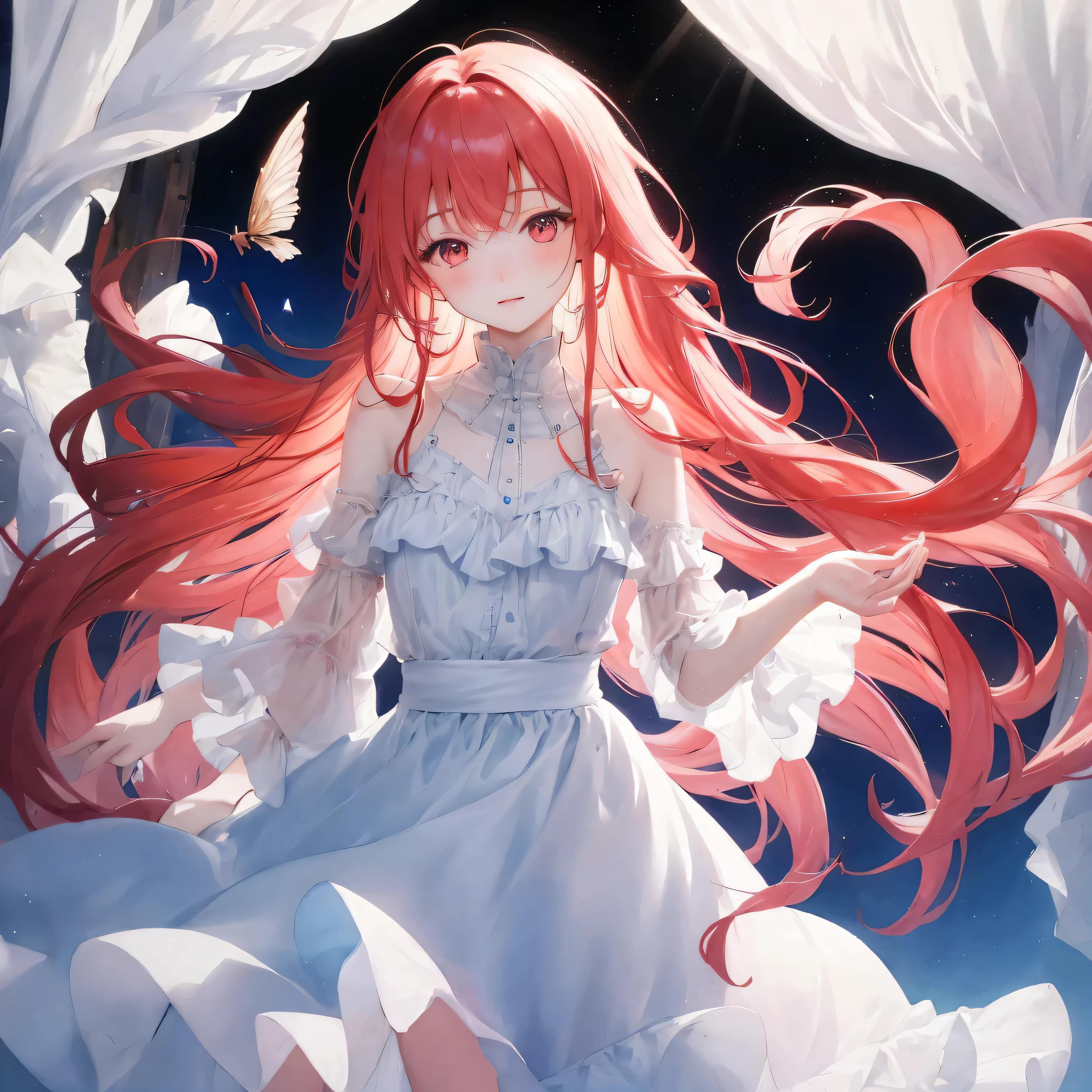 Detailed long pale red hair, a mysterious pale red dress, masterpiece, Detailed beautiful pink eyes, Detailed beautiful face, Fantastic watercolor painting, Beautiful profile, Detailed digital art, beautiful, beautiful women, Beautiful watercolor portrait, Detailed portrait, fantastical snowy landscape, An infinitely delicate,