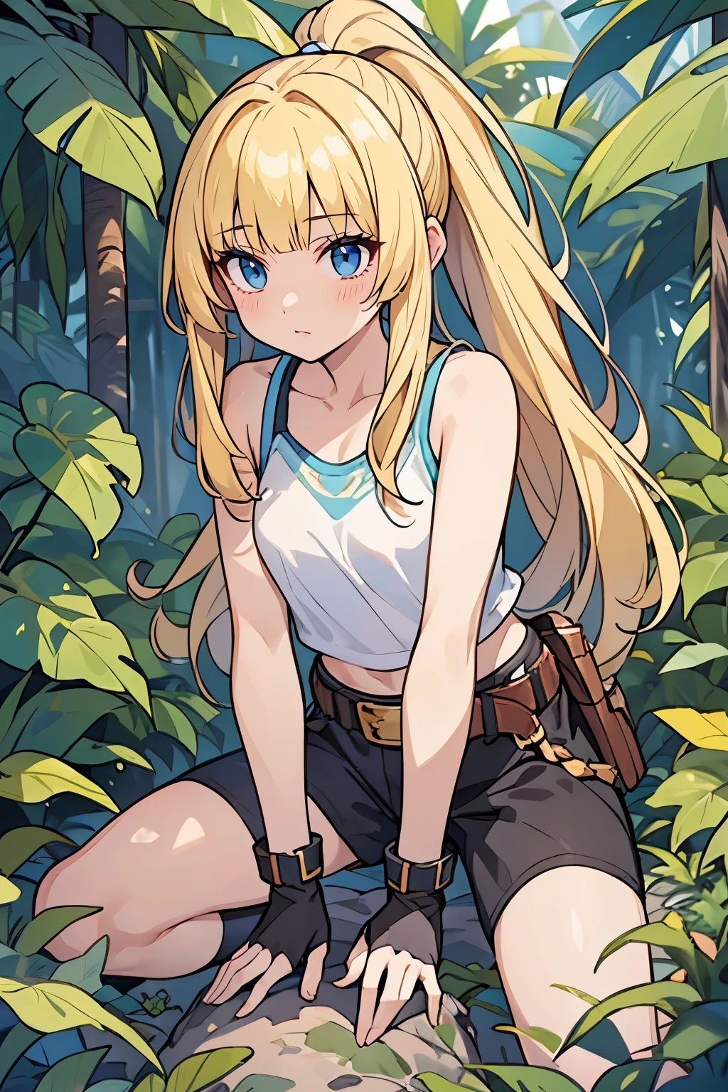 masterpiece, solo girl, (young female body:1.4), (medium small breasts), flustered, yellow golden hair, extra gold long hair, thick wavy hair, hime cut, blunt bangs, crystal blue eyes, light blue detailed eyes, jungle background, jungle trees and bushes, survival outfit, cropped tank top, white tight tank top, sleevesless, boy shorts, black shorts, belt, tigh high socks, ponytail, jungle explorer, fingerless gloves, kneeling down, squat, hiding in a bush, black boots, leaning forward, inspecting 