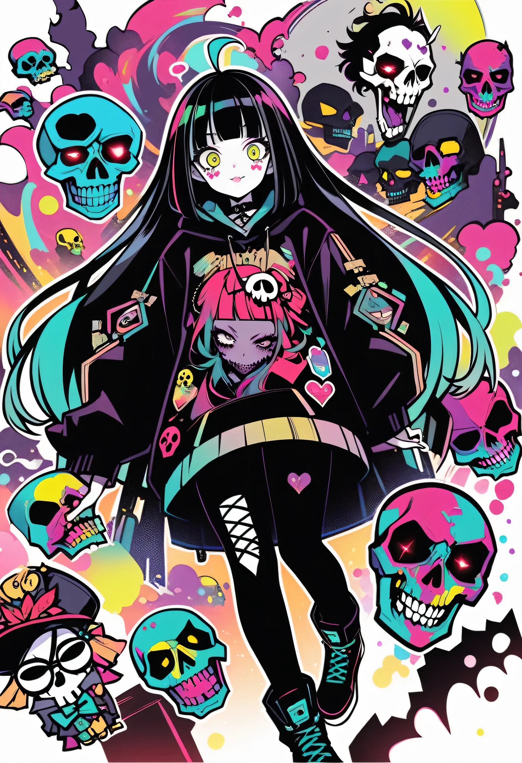 Full Body、whole body、ridicule、Finger prick、Black Hair、Black Feather、Gothic Punk,anime zombie witch design, crossbones, skulls, street wear design, pro vector, Horror style, full design, 6 colors only, solid colors, no shadows, full design, sticker, bright colors, white background.super fine illustration,(((beautiful fine hair))),(((beautiful fine face))),(((beautiful fine background))),(((beautiful fine hair))),(((beautiful fine face))),(((beautiful fine background))),Midsummer、beachBlack Hair、blunt bangs、Cross-eyed