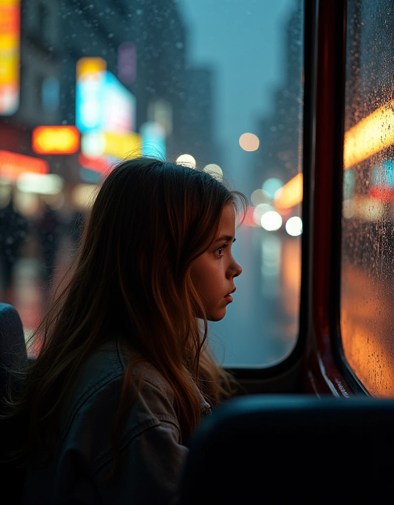 Girl reflected in the bus window、With his back to me, he had a stern look on his face.
