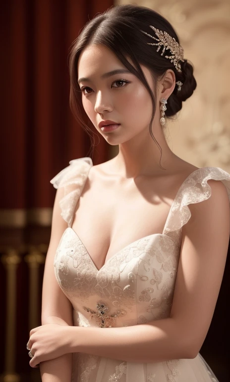 (1 elegant French-Japanese noblewoman, detailed portrait, lavish gown, intricate lace, pearls, diamonds, elegant updo hairstyle, loose strands framing face, (best quality,4k,8k,highres,masterpiece:1.2),ultra-detailed,(realistic,photorealistic,photo-realistic:1.37),highly detailed portrait, cinematic lighting, dramatic chiaroscuro, Renaissance painting style, warm color palette, dramatic lighting, SFW, SAFE FOR WORK, BOKEH)