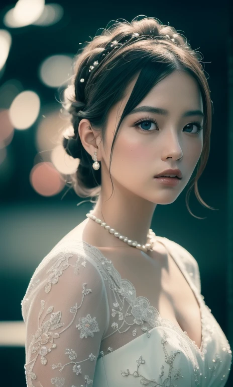 (1 elegant French-Japanese noblewoman, detailed portrait, lavish gown, intricate lace, pearls, diamonds, elegant updo hairstyle, loose strands framing face, (best quality,4k,8k,highres,masterpiece:1.2),ultra-detailed,(realistic,photorealistic,photo-realistic:1.37),highly detailed portrait, cinematic lighting, dramatic chiaroscuro, Renaissance painting style, warm color palette, dramatic lighting, SFW, SAFE FOR WORK, BOKEH)