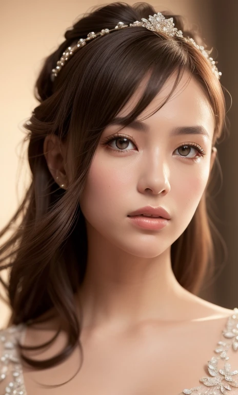 (1 elegant French-Japanese noblewoman, detailed portrait, lavish gown, intricate lace, pearls, diamonds, elegant updo hairstyle, loose strands framing face, (best quality,4k,8k,highres,masterpiece:1.2),ultra-detailed,(realistic,photorealistic,photo-realistic:1.37),highly detailed portrait, cinematic lighting, dramatic chiaroscuro, Renaissance painting style, warm color palette, dramatic lighting, SFW, SAFE FOR WORK, BOKEH)