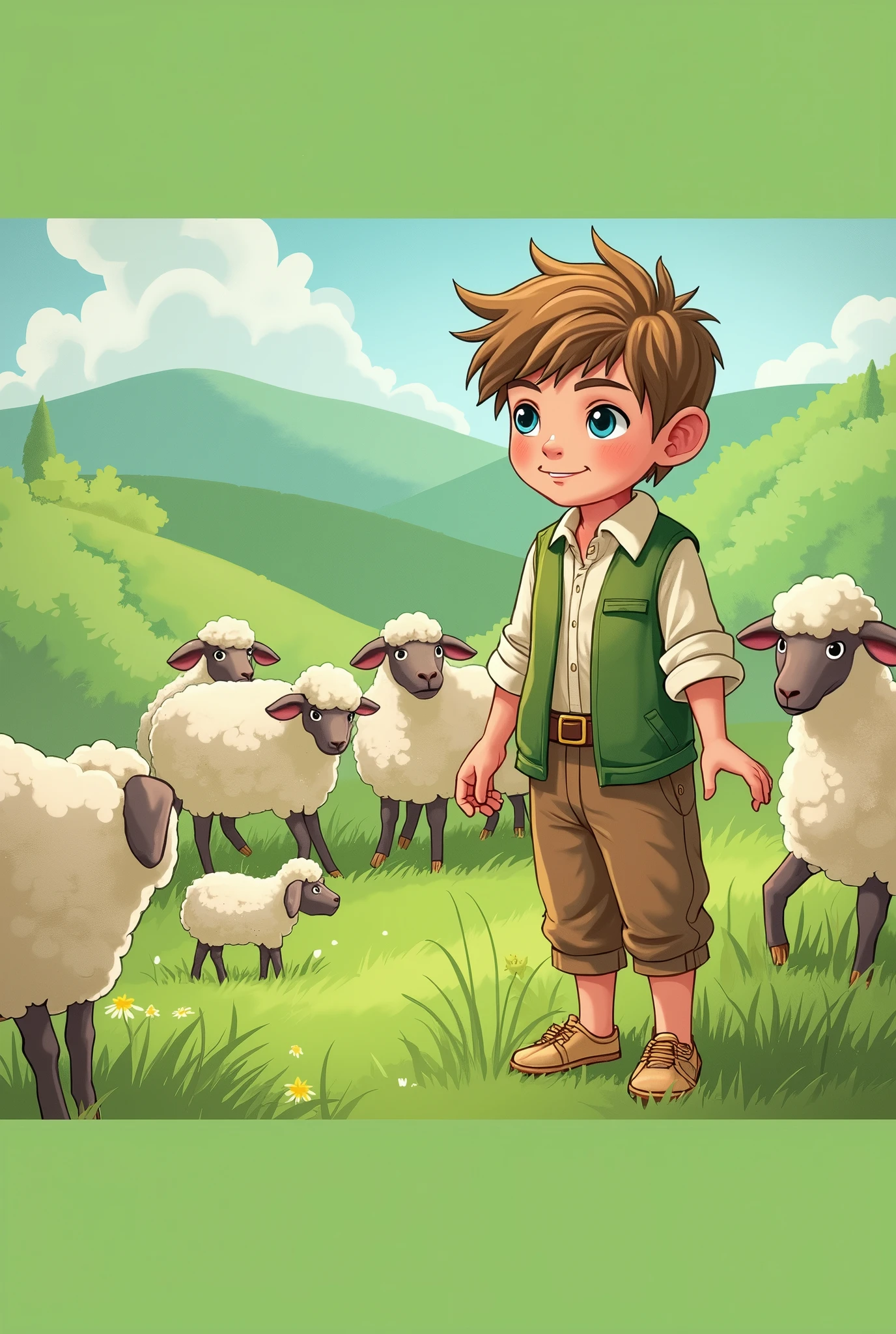 a young shepherd boy who enjoys looking after sheep, use easy words and keep the story short, under 1,000 letters. And let the story to teach a good lesson.
