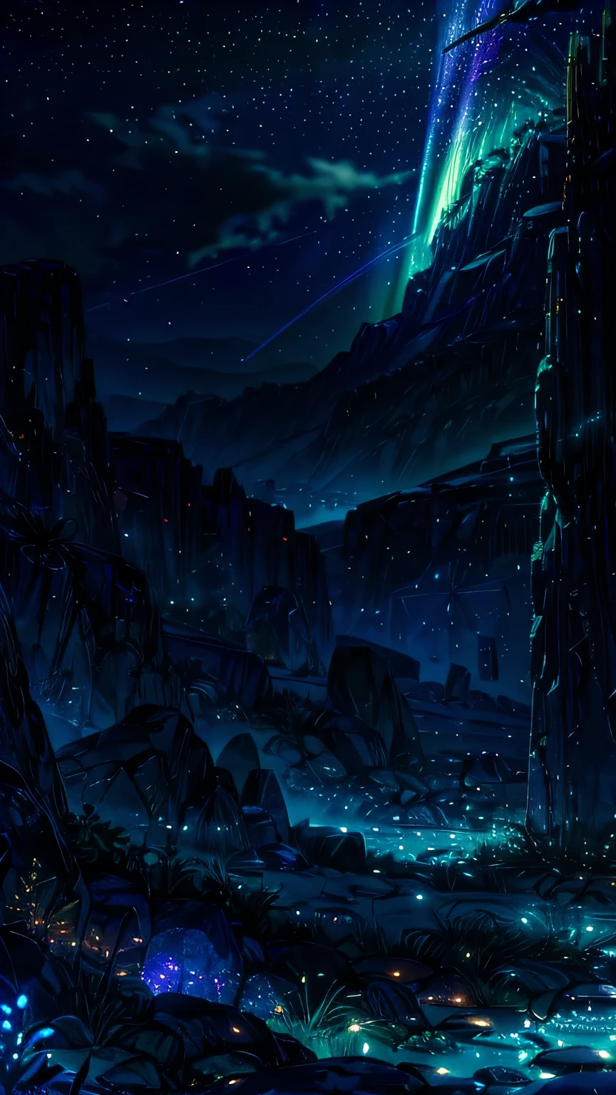 A vast, serene desert on an alien planet with dunes made of shimmering, glass-like sand that reflects the hues of a giant, glowing blue moon in the sky. Strange, bioluminescent cacti and plants with soft, pulsating lights dot the landscape. In the distance, towering, smooth stone monoliths rise towards the sky, etched with ancient, glowing runes. The air is filled with a gentle, warm breeze, carrying the soft hum of distant cosmic winds. Above, the night sky is a deep purple, scattered with countless stars and swirling auroras, creating a tranquil and otherworldly atmosphere.