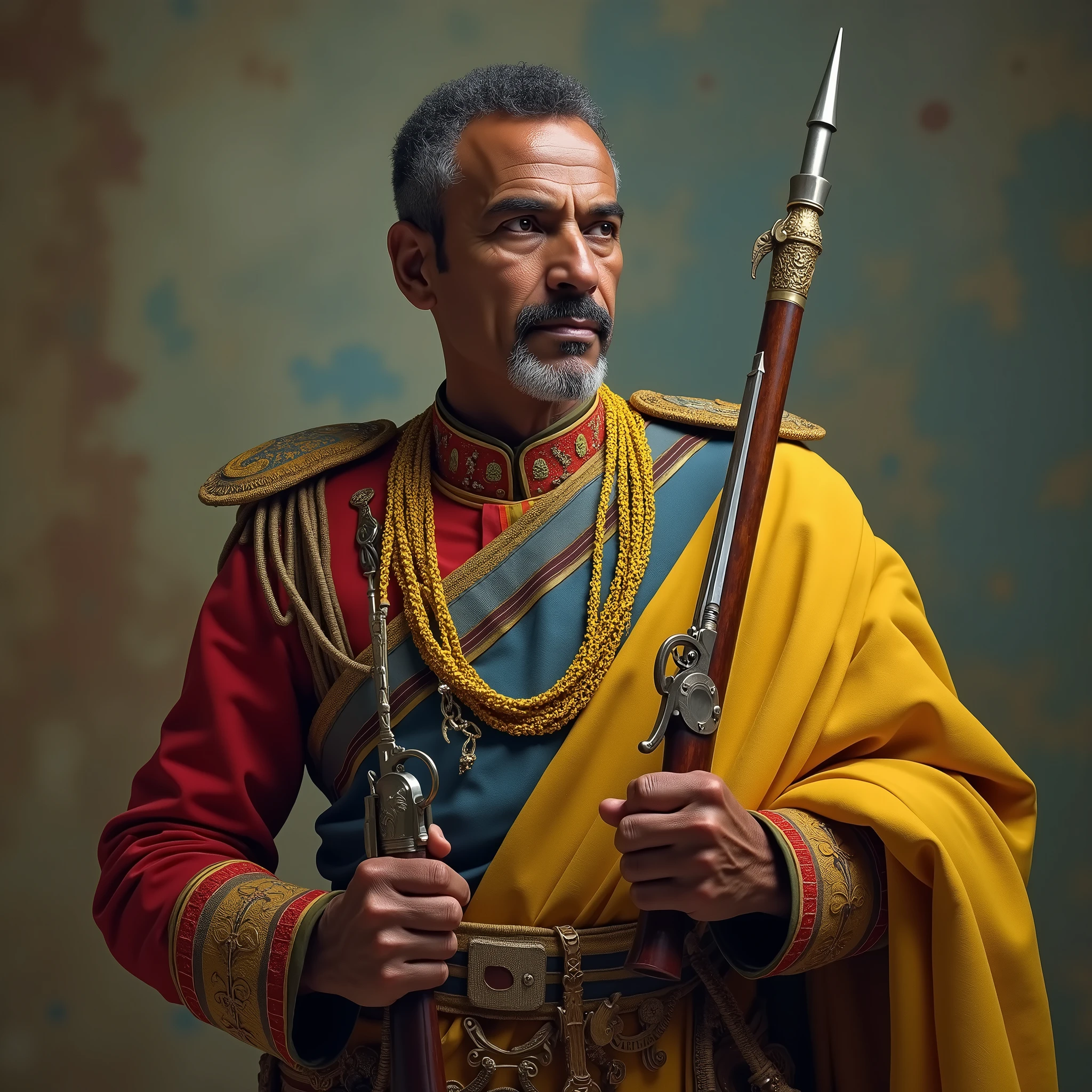 "High-resolution, HD, 4K, realistic, and colorful full-body image of a 60-year-old Ethiopian military commander from the 1920s. The man is clean-shaven, with short hair, dressed in period-appropriate military attire, and holding a weapon."