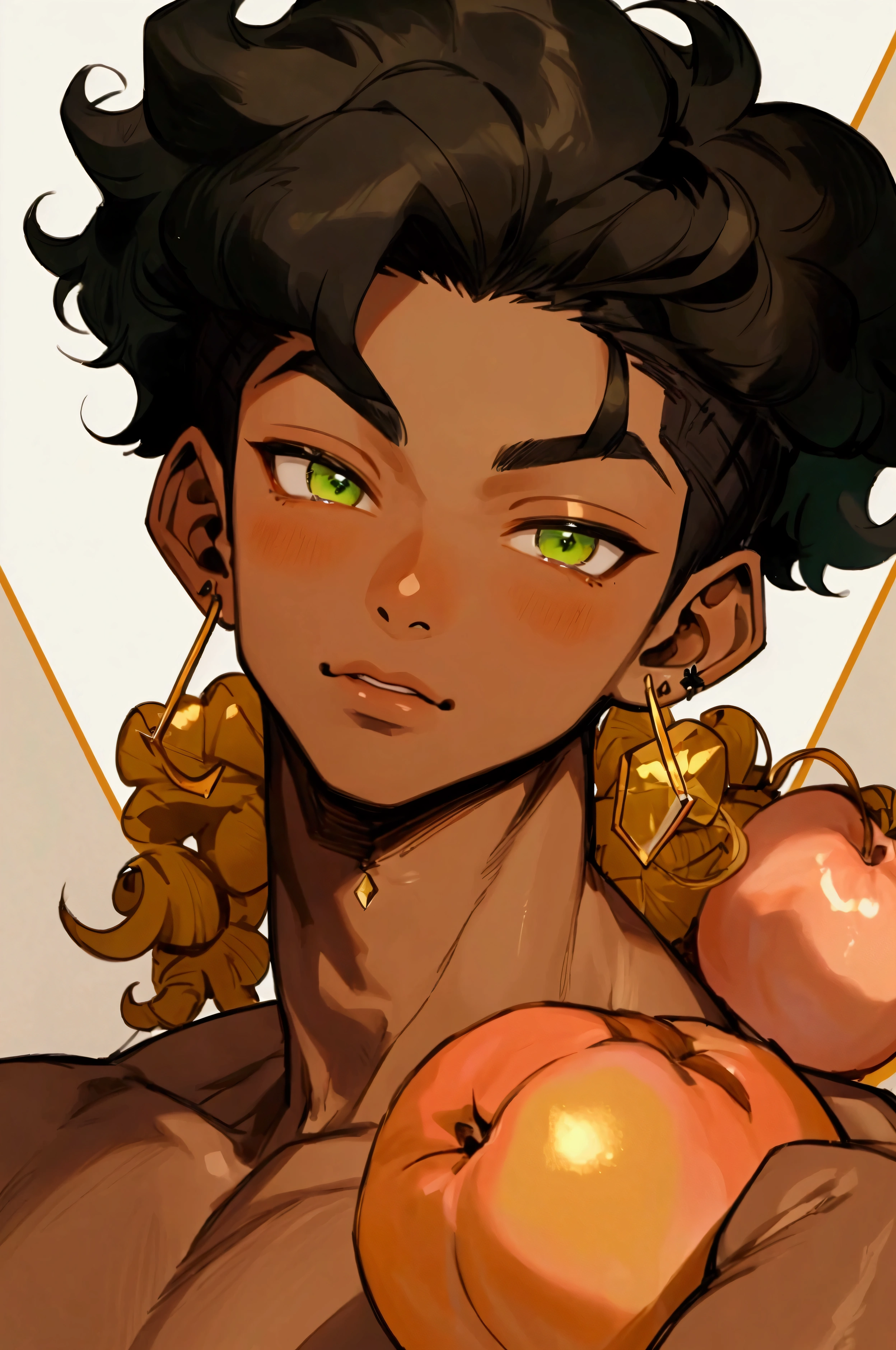 A 19 year old 5’11 caramel colored Blasian man, with Green eyes, both earlobes pierced with diamonds earrings in them, long curly black hair, a thin mustache above his lip and peach fuzz on his chin.