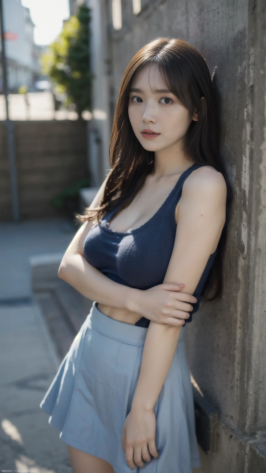 ((1girl)), woman, masterpiece, best quality, highest quality, cinematic lighting, (volumetric lighting), extremely detailed CG unity 8k wallpaper, focused, 8k wallpaper, extremely detailed, ultra realistic, photorealistic, sharp focus, absurdres, (HDR:1.2), (high contrast), photograph, detailed and intricate, instagram, portrait, highly detailed, digital painting, artstation, concept art, smooth, sharp focus, illustration, cinematic lighting, (big breast:1.3), (((skinny, slim legs))), (japanese idol posture), (knit tanktop, mini skirt, open shoulder, open chest, cleavage), looking at the viewer, ((Medium body shot, hip level shot)), long hair, ((leaning on a wall)), beautiful eyes.