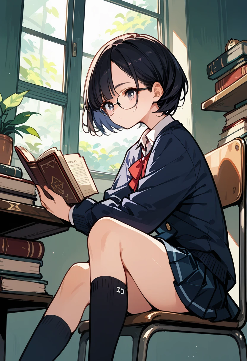 1girl, 独奏, Black-rimmed glasses, short hair, Neatly cropped bangs, Hair on both sides is chest length, hair in the back is neck length, class room, Sitting and reading a book, Window seat, High school uniform, Skirts shorter than the knee, Pleated skirt, Black socks, Knee socks, loafers, sideshot, Looking at a book, 