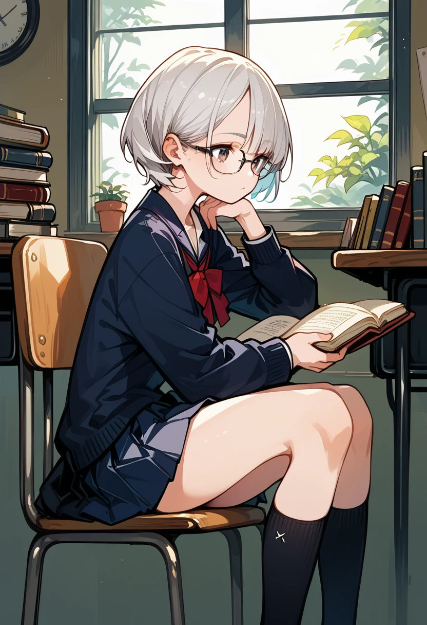 1girl, 独奏, Black-rimmed glasses, short hair, Neatly cropped bangs, Hair on both sides is chest length, hair in the back is neck length, class room, Sitting and reading a book, Window seat, High school uniform, Skirts shorter than the knee, Pleated skirt, Black socks, Knee socks, loafers, sideshot, Looking at a book,