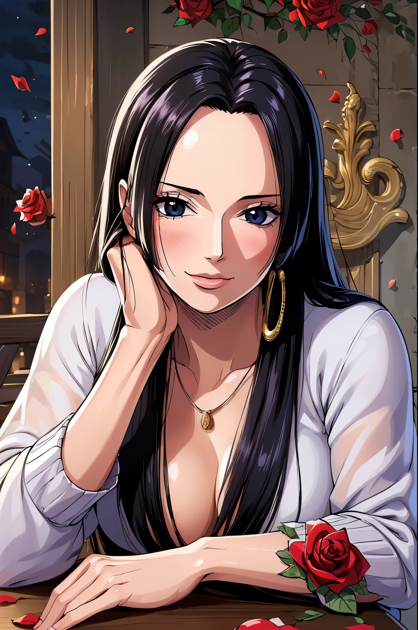 Highest quality, masterpiece, Very detailed,(((One person)),  ((Rose)), (vine), cage, bandage, Red rope, (Detail Light), falling Rose petals, Boa Hancock,, (masterpiece:1.5), Detailed Photos, smile,(8k, Realistic, Highest quality: 1.4), (One person), Beautiful Face, (Anime realistic face), (Black Hair, Long Hair: 1.3), Beautiful hairstyle, Realistic eyes, Beautiful details in the eyes, (Realistic Skin), Beautiful Skin, (sweater), Absurd, Charm, 超High resolution, Ultra-realistic, High resolution, Golden Ratio,NSFW erotic pose,blush,Ecstasy face,Condescending Eyes,Closed Mouth