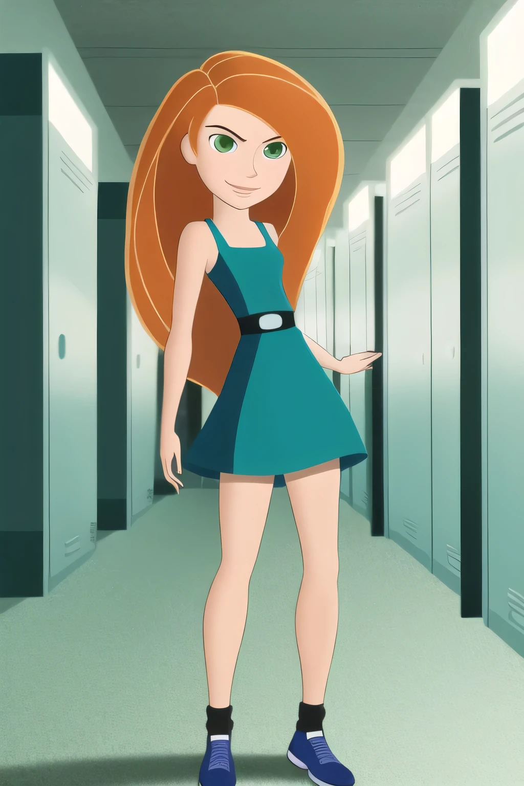 kim possible style, masterpiece, best quality, solo, 1girl, green eyes, long hair, orange hair, upper body, parody, indoors, , 1girl, bare arms, bare shoulders, breasts, green eyes, highres, indoors, kim possible, kimberly ann possible, knee up, locker, locker room, long hair, black spaghetti strap dress, black dress, small breasts, solo, seductive smile
