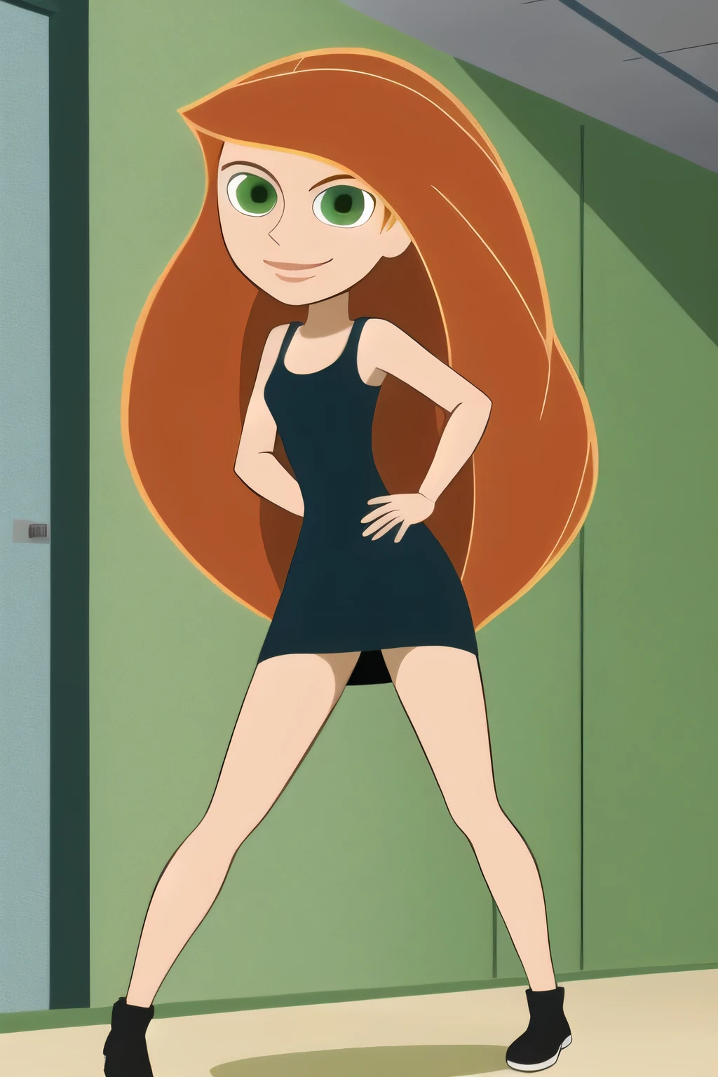 kim possible style, masterpiece, best quality, solo, 1girl, green eyes, long hair, orange hair, upper body, parody, indoors, , 1girl, bare arms, bare shoulders, breasts, green eyes, highres, indoors, kim possible, kimberly ann possible, knee up, locker, locker room, long hair, black spaghetti strap dress, small breasts, solo, seductive smile