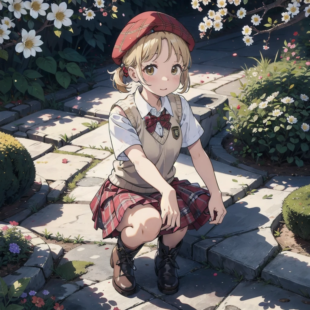 (solo:1.5)、cute、daily、White Shirt、Sweater vest、skirt(Plaid:1.2)、Red Beret、short boots、Flower Hair Ornaments、on the cobblestone、flower bed