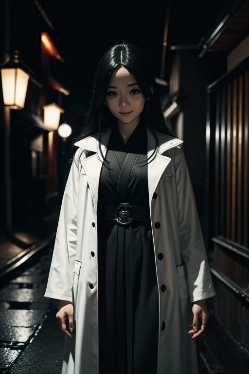 Residential Street,midnight,woman of ghost,white skin,black coat,smile,black eyes,big eyes,horor,dark,japanese horor style