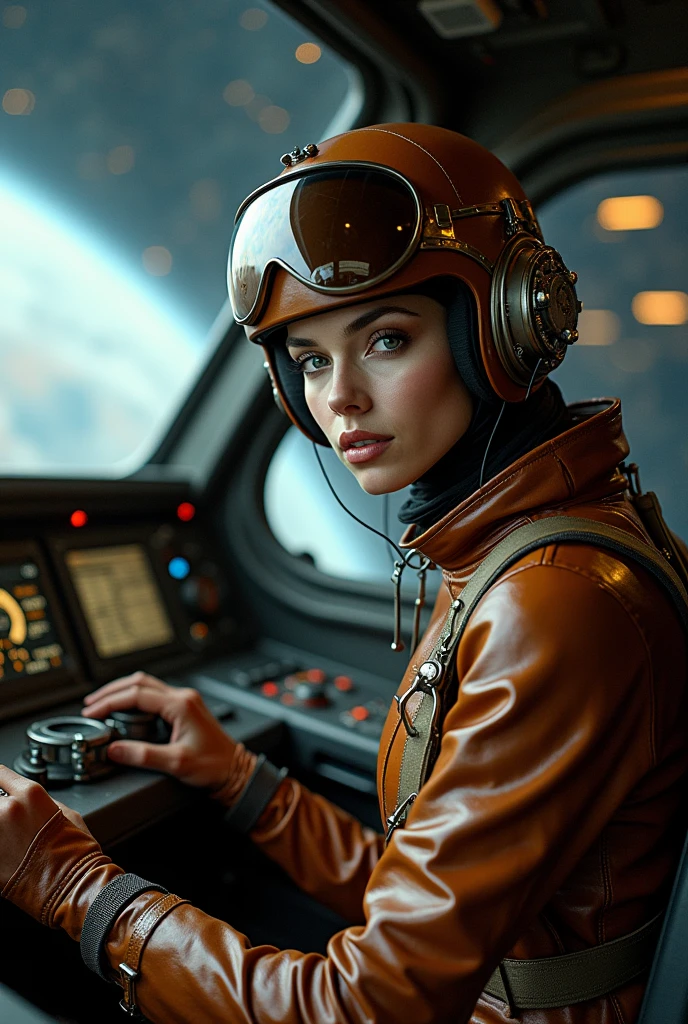 an experienced alien pilot inside a futuristic cockpit. The woman, dressed in a brown spacesuit, sports a pilot's helmet with shiny metal details with a steampunk influence. Dark and old-fashioned atmosphere, her expression is concentrated and determined, emphasizing her role as spaceship pilot, she looks at us. The cockpit is richly detailed with complex controls, displays and gauges that demonstrate a high-tech and old-fashioned environment. Through the cockpit canopy, a dark and mysterious space is revealed with distant planets and a kind of cosmic storm, reinforcing the atmosphere of interstellar adventure. The lighting in the scene is soft but sharp enough to show the textures and details of the materials, both on the suit and the cockpit surfaces.