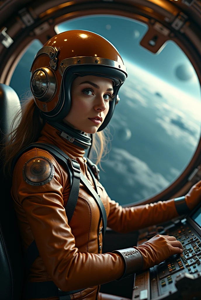 an experienced alien pilot inside a futuristic cockpit. The woman, dressed in a brown spacesuit, sports a pilot's helmet with shiny metal details with a steampunk influence. Dark and old-fashioned atmosphere, her expression is concentrated and determined, emphasizing her role as spaceship pilot, she looks at us. The cockpit is richly detailed with complex controls, displays and gauges that demonstrate a high-tech and old-fashioned environment. Through the cockpit canopy, a dark and mysterious space is revealed with distant planets and a kind of cosmic storm, reinforcing the atmosphere of interstellar adventure. The lighting in the scene is soft but sharp enough to show the textures and details of the materials, both on the suit and the cockpit surfaces.
