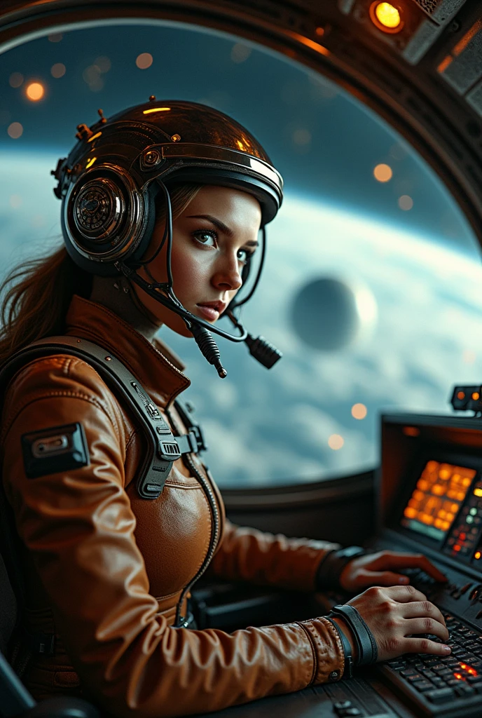 an experienced alien pilot inside a futuristic cockpit. The woman, dressed in a brown spacesuit, sports a pilot's helmet with shiny metal details with a steampunk influence. Dark and old-fashioned atmosphere, her expression is concentrated and determined, emphasizing her role as spaceship pilot, she looks at us. The cockpit is richly detailed with complex controls, displays and gauges that demonstrate a high-tech and old-fashioned environment. Through the cockpit canopy, a dark and mysterious space is revealed with distant planets and a kind of cosmic storm, reinforcing the atmosphere of interstellar adventure. The lighting in the scene is soft but sharp enough to show the textures and details of the materials, both on the suit and the cockpit surfaces.