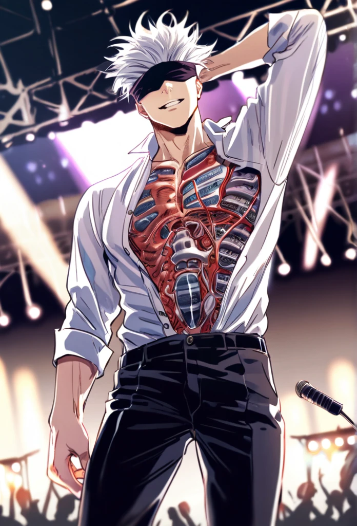 solo, Jujutsu Kaisen, Gojou Satoru, handsome, manly, sexy man, sensual, white hair, black blindfold, covered eyes, handsome smile, white shirt, black pants, mic, stage, concert, UHD, masterpiece, best quality, highres, super detail, anatomically correct, accurate