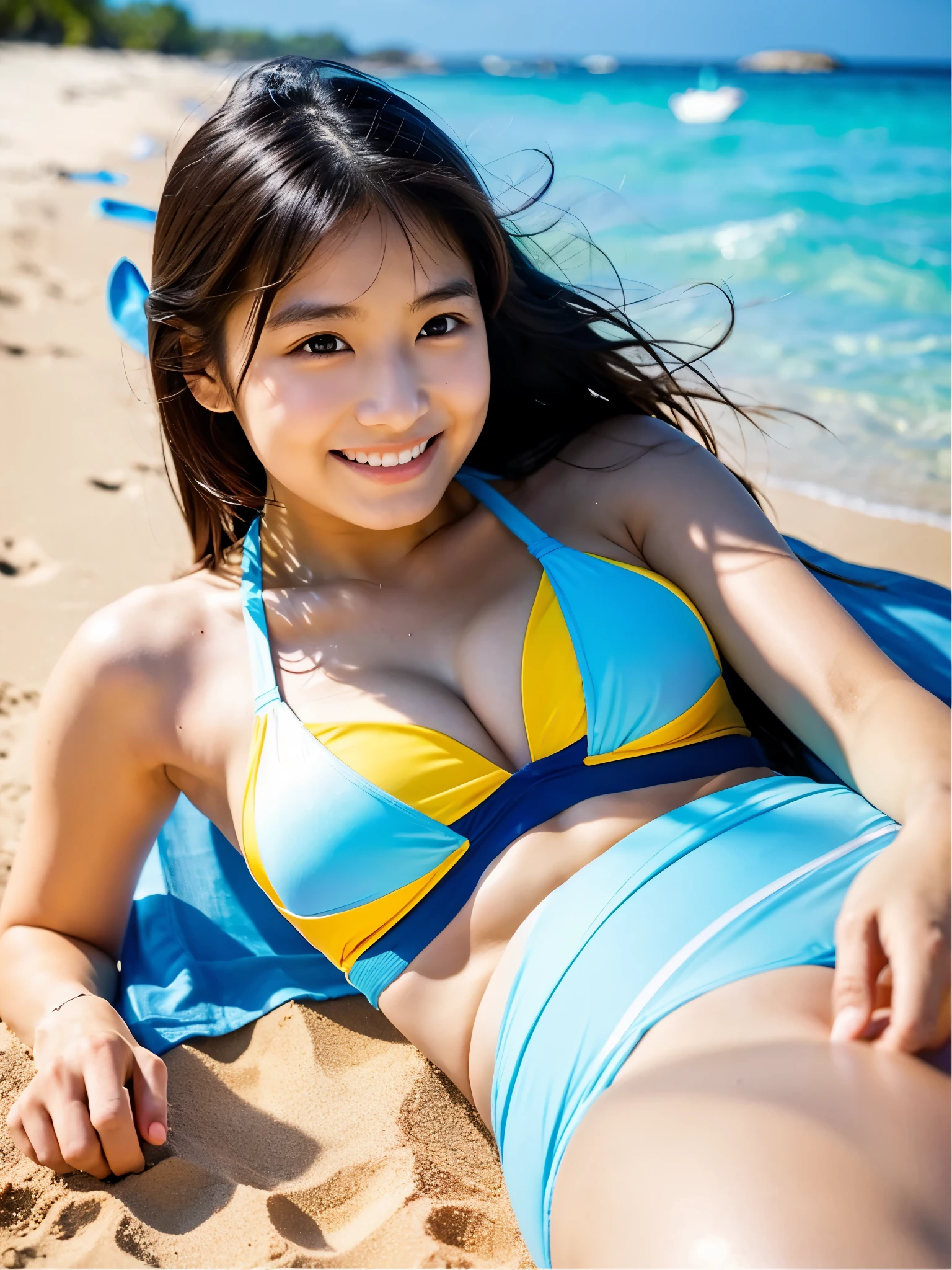 アイドルのようなSmall faceでとても可愛い顔、Small face、A young-looking 18-year-old woman、Smiling Kindly、Wearing a bold bikini、Thighs are visible、Beautiful beach with white sand、Lying down on a beach reclining chair、High level of artistry、Natural light、(whole body)、Highest quality