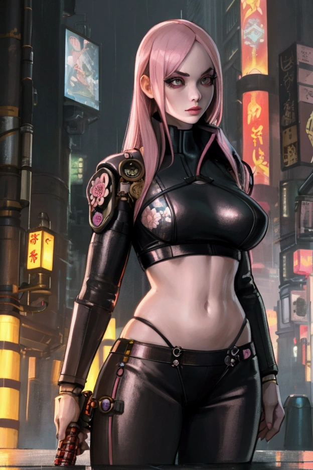 a futuristic female warrior holding a katana, (finely detailed skin), pale skin, (in a deep neckline highly detailed sexy futuristic cyberpunk black crop top and underpants made of circuit boards, japanese words with a flare effect, beautiful epic composition, futuristic, masterpiece, appealing, posing for a photo, attractive female superhero, long pink hair, leather and floral steampunk and floral outfit, rainy city setting, dusk lighting, cinematic, realistic, detailed, photograph