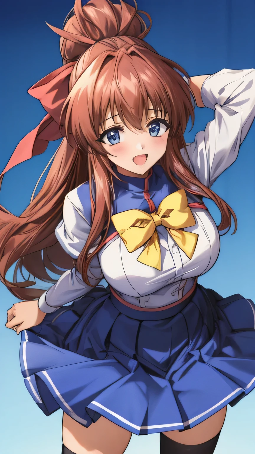 Anime illustration　Aoikan, 1 person, Hair Ribbon, school uniform, Long sleeve, bow tie, Blue Skirt,Big Breasts、 blush, Cute Smile　Open your mouth, Are standing, From above, She lifts her skirt with her hands., I can see her panties　Skirt Lift, High Knee Socks　Two Arms