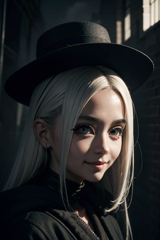 woman of ghost,white skin,black coat,smile,black eyes,big eyes,horor,dark,japanese horor style,BREAK residential area,detailed background,cloudy