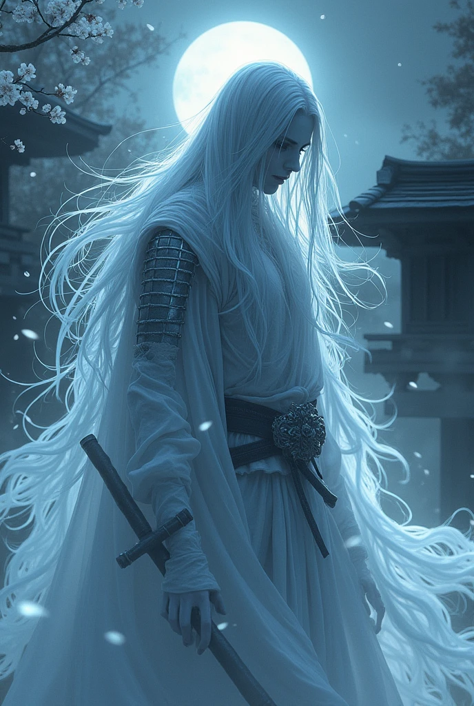 Create a samurai ghost. A translucent appearance to characterize its ghostly appearance. Use manga drawing lines.