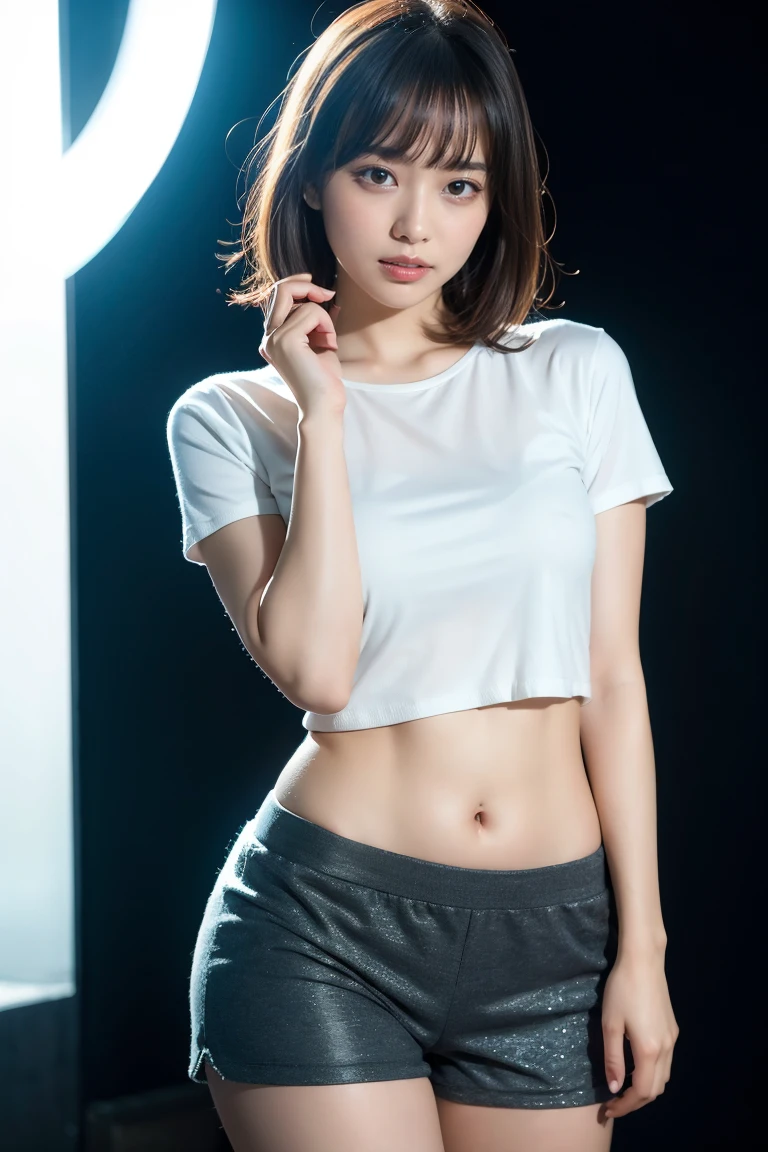 Thin pubic hair((Highest quality、8K、masterpiece:1.3))((Perfect glowing skin,Perfect Skin)) Browsing Caution Realistic Bright room White Room White skin Brown Hair Chignon bangs Wearing a shirt