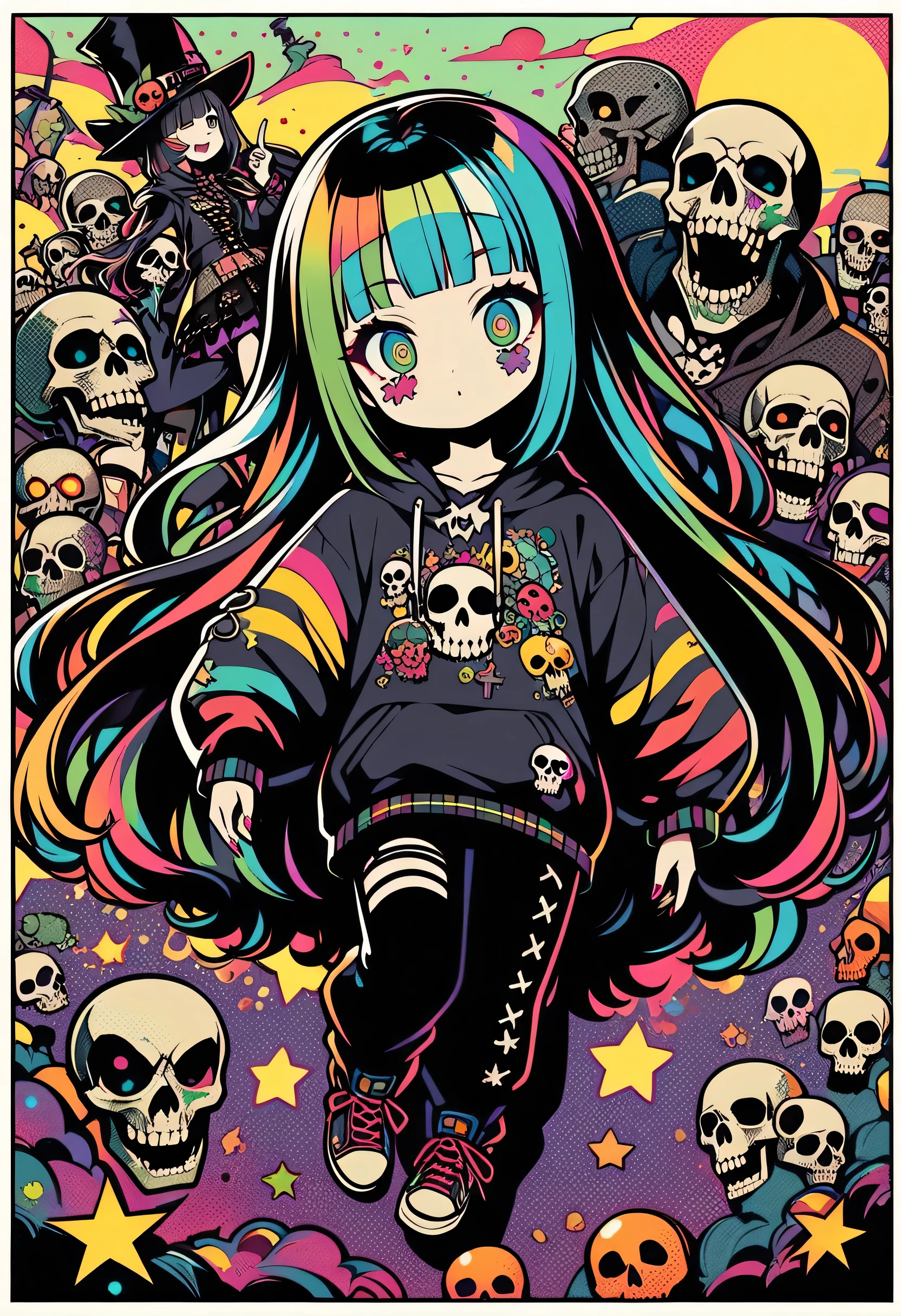 Full Body、1 person、1 person、sleep、sleep、Lie、Lying down、ridicule、Finger prick、Black Hair、Black Feather、Gothic Punk,anime zombie witch design, crossbones, skulls, street wear design, pro vector, Horror style, full design, 6 colors only, solid colors, no shadows, full design, sticker, bright colors, white background.super fine illustration,(((beautiful fine hair))),(((beautiful fine face))),(((beautiful fine background))),(((beautiful fine hair))),(((beautiful fine face))),(((beautiful fine background))),Midsummer、beachBlack Hair、blunt bangs、Cross-eyed, pop art style